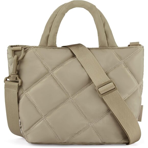 💫 Women Tan Puffer Tote Handbag Quilted Grid Small Purse Soft Crossbody Bags